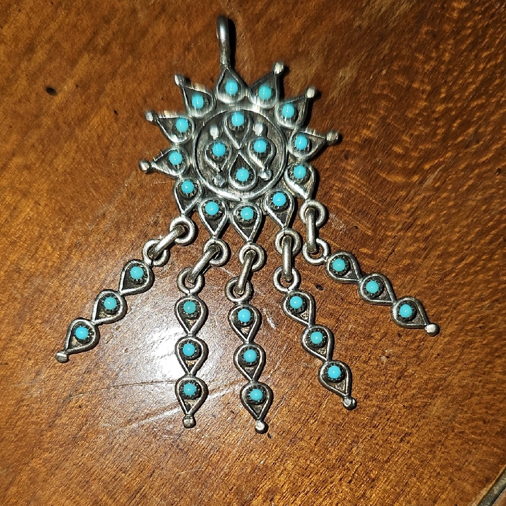 Beautiful Handmade Silver & Beaded Turquoise Dangly Chained Pendant